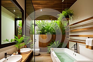 The interior of a stylish modern bathroom in a hotel on the island of Bali. Bathroom with wood elements and large green