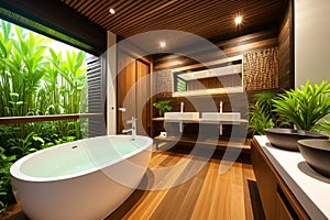 The interior of a stylish modern bathroom in a hotel on the island of Bali. Bathroom with wood elements and large green