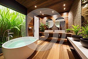 The interior of a stylish modern bathroom in a hotel on the island of Bali. Bathroom with wood elements and large green