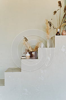 Interior of stylish modern room with grey concrete stairs decorated with different ceramic vases with plants of pampas.