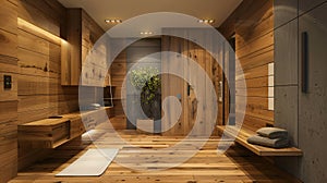 Interior stylish modern wooden entrance hallway decor with cozy wooden tone