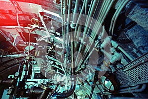 The interior of the submarine compartment with devices of control