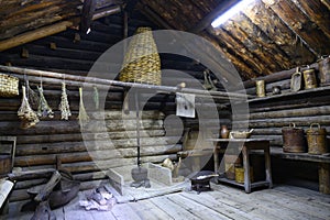 Interior of the summer kitchen of a wooden house built in 1912 in a Siberian village