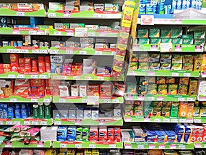 Interior of Superdrug store with display of over the counter medicine