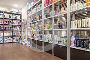 Minsk, Belarus - Nov 29, 2021: interior of a supermarket selling household chemicals and cosmetics, cleaning products