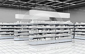 Interior of a supermarket with shelves with goods. 3d illustration