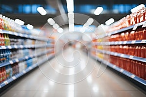 Interior of a supermarket store aisle with an abstract blurred backdrop