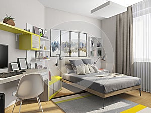 Interior teenage room with a bed and desk