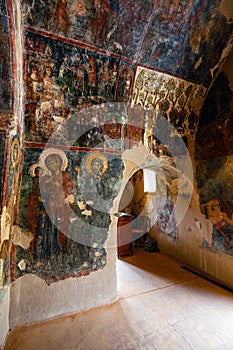 Interior of the three-aisled Byzantine Church Panagia Kera in the village Kritsa, Crete, Greece