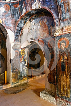 Interior of the three-aisled Byzantine Church Panagia Kera in the village Kritsa, Crete, Greece