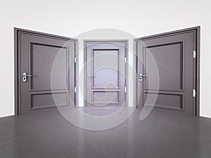 Interior with three closed doors in 3D