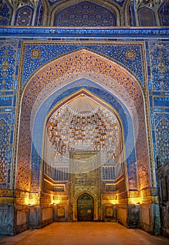 Interior of Tilya Kori Mosque and Madrasah located in Registan Square, in Samarkand, Uzbekistan