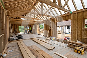 Interior of a timber frame house under construction