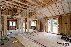 Interior of a timber frame house under construction