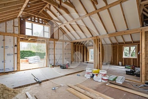 Interior of timber frame house under construction