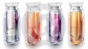 The interior of a tin can is wrapped in plastic wrap, the top and sideways of six soda or beer metal jars, and the