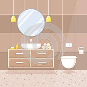 Interior of toilet room with sink, mirror and toilet, vector illustration