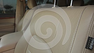Interior Toyota V6 white jeep, car details, leather seats, front row close up