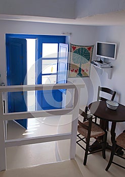 Interior of traditional house in caldera, Oia village, Santorini island, Greece