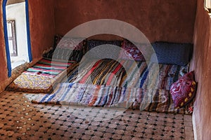 Interior of a traditional room in the Kasbah or fortified village of Ait Benhaddou in Morocco