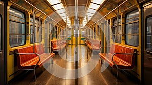 interior of a train with orange seats in a yellow and brown