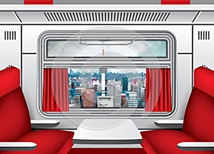 Interior of Train Wagon with Window, Red Curtains and Seats with Table. City Skyline. Train Travel