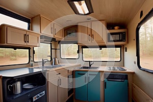 Interior of travel camping van or camper RV with stove and sink. Vanlife lifestyle vibes, cooking on campsite during