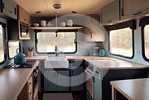 Interior of travel camping van or camper RV with stove and sink. Vanlife lifestyle vibes, cooking on campsite during