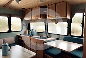 Interior of travel camping van or camper RV with stove and sink. Vanlife lifestyle vibes, cooking on campsite during