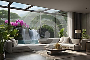 Interior in a tropical bungalow with a waterfall and beautiful plants. A great place to relax in nature.