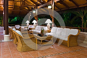 Interior of tropical hotel lobby reception