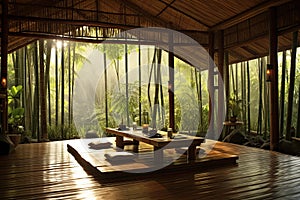 Interior of a tropical spa with bamboo walls and wooden floor, AI Generated photo