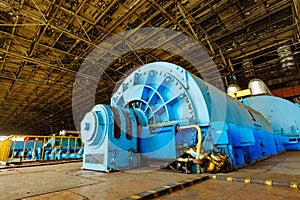 Interior of Turbine generator in a big power plant. Hydroelectric power plant.