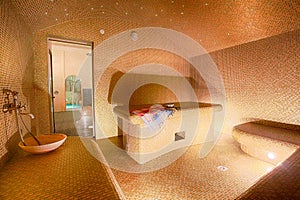 Interior of Turkish sauna, hammam at spa center.