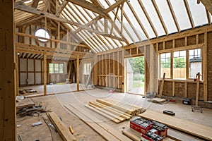 Interior of UK timber frame house under construction