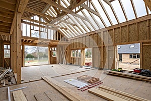 Interior of UK timber frame house under construction
