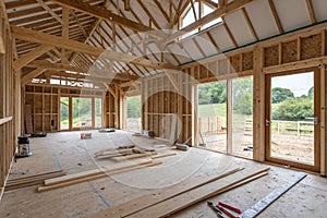 Interior of UK timber frame house under construction