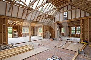 Interior of UK timber frame house under construction