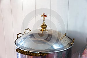 Interior of the Ukrainian Orthodox Church of the Moscow Patriarchate. Ukraine, Odessa region, Kodyma, 2012, - Silver bowl with