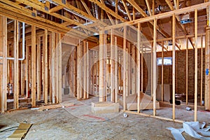 Interior under construction wood studs framing
