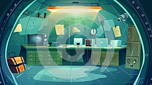 The interior of an underground bunker with lockers, appliances on a desk, stocks on shelves, and a hatchway in the floor