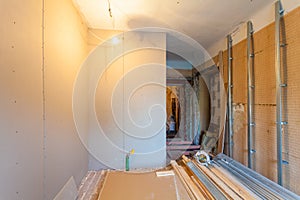 Interior of upgrade apartment with materials during on the remodeling, renovation, extension, restoration