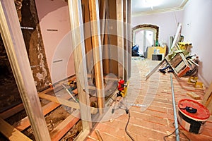 Interior of upgrade apartment with materials during on the remodeling, renovation, extension, restoration, reconstruction