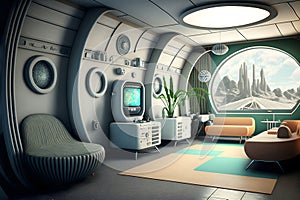 interior of utopian retrofuturistic moonbase, neural network generated art photo