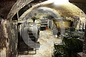 Interior of a vaulted wine cellar with old casks