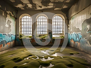 interior view of an abandoned building with ruins and walls in the background