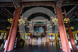 The interior view of the ancient king's hall at Changdeokgung Palace in Seoul, South Korea