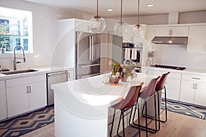 Interior View Of Beautiful Kitchen With Island Counter In New Family House