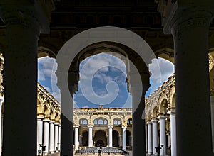 Interior view of 1636 built Nayakkar palace, enriched with beautiful arched columns. photo