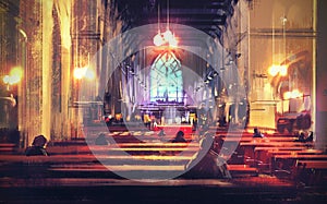 Interior view of a church,illustration